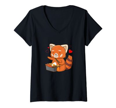 Womens Red Panda Eating Ramen Japanese Food Noodles Soba Panda V-Neck T-Shirt