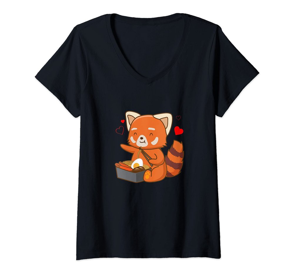 Womens Red Panda Eating Ramen Japanese Food Noodles Soba Panda V-Neck T-Shirt