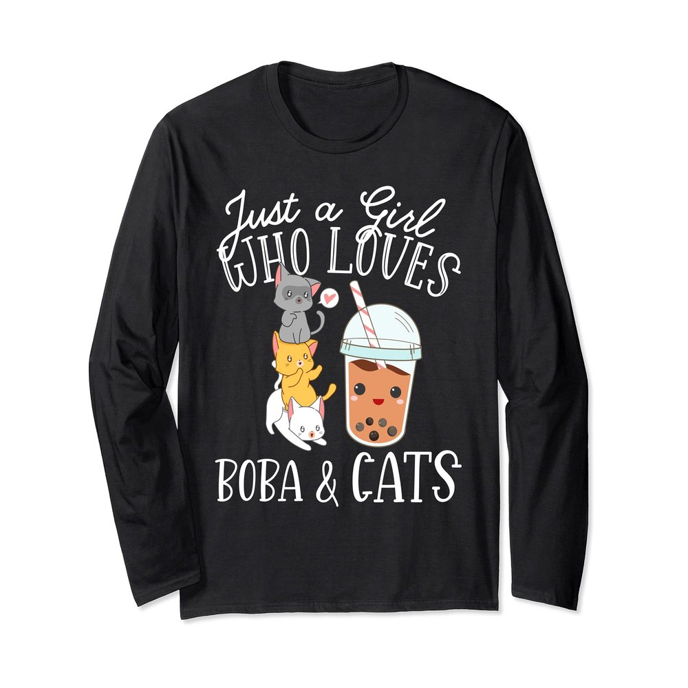 Boba Tea Bubble Tea Kawaii Japanese Lover Cat Kitten Drink Long Sleeve T-Shirt