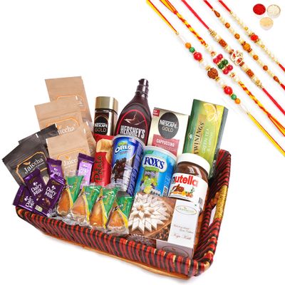 Jaiccha Ghasitaram Rakhi Gifts for Brothers - Big Red Basket Hamper of 30 Goodies with 5 Rakhis
