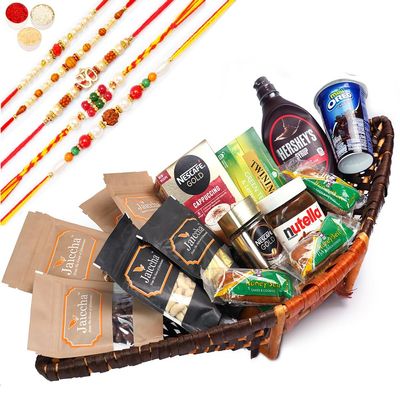 Jaiccha Ghasitaram Rakhi Gifts for Brothers - Big Boat Basket Hamper of 22 Goodies with 5 Rakhis
