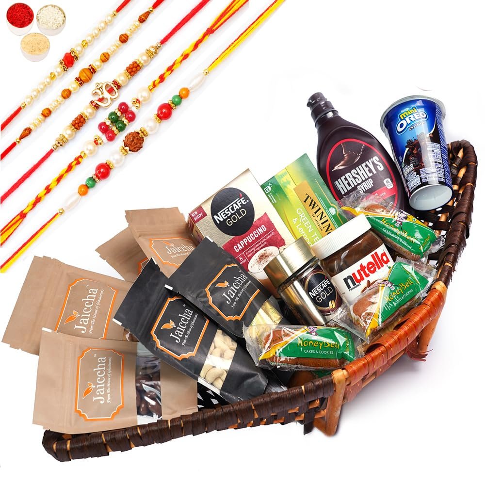 Jaiccha Ghasitaram Rakhi Gifts for Brothers - Big Boat Basket Hamper of 22 Goodies with 5 Rakhis