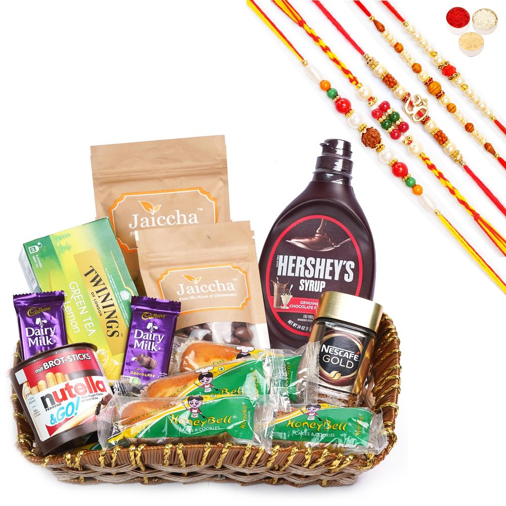 Jaiccha Ghasitaram Rakhi Gifts for Brothers Rakhi Chocolate - Brown Cane Like Basket of 18 Goodies with 5 Rakhis