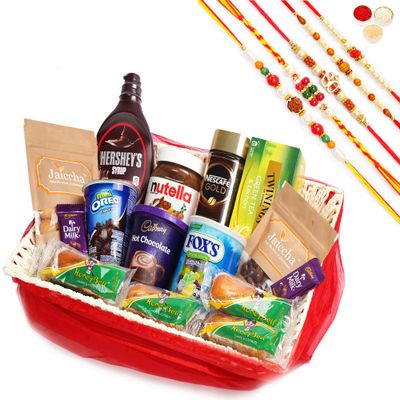 Jaiccha Ghasitaram Rakhi Gifts for Brothers - Red Net Basket Hamper of 21 Goodies with 5 Rakhis