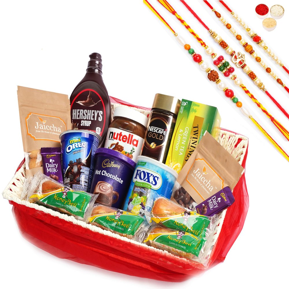 Jaiccha Ghasitaram Rakhi Gifts for Brothers - Red Net Basket Hamper of 21 Goodies with 5 Rakhis
