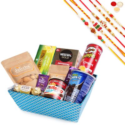 Jaiccha Ghasitaram Rakhi Gifts for Brothers - Perfect Basket Hamper of 10 Goodies with 5 Rakhis