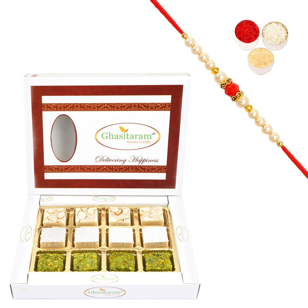 Ghasitaram Gifts Rakhi Gifts for Brothers Rakhi Sweets - Pure Kaju Badam Pista Barfi 12 pcs with Beads Rakhi