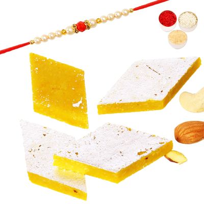 Ghasitaram Gifts Rakhi Gifts for Brothers Rakhi Sweets - Pure KESARI KAJU KATLI (200 GMS) with Beads Rakhi