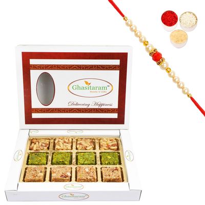 Ghasitaram Gifts Rakhi Gifts for Brothers Rakhi Sweets - Assortment of Premium Barfis Pista, Walnut and Pinenut 12pcs with Beads Rakhi