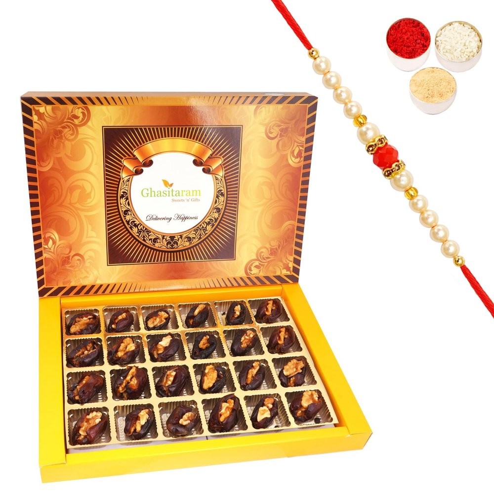 Ghasitaram Gifts Rakhi Gifts for Brothers Rakhi Sweets - Premium Dates with Walnuts 24pcs with Beads Rakhi