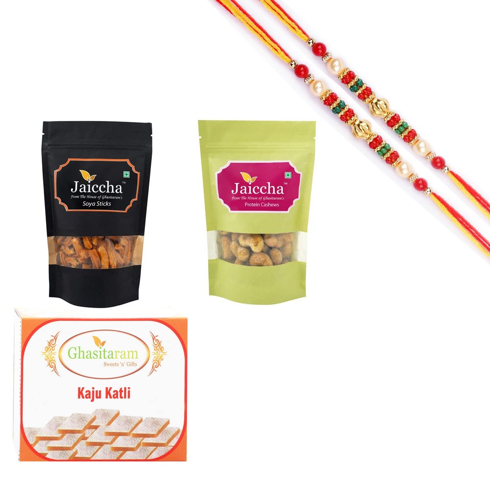 Ghasitaram Gifts Rakhi Gifts for Brothers Rakhi Sweets - Best of 3 Kaju Katli, SOYA Sticks Pouch and Crunchy Coated Cashews Pouch with 2 Pearl Beads Rakhis