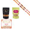 Ghasitaram Gifts Rakhi Gifts for Brothers Rakhi Sweets - Best of 3 Kaju Katli, SOYA Sticks Pouch and Crunchy Coated Cashews Pouch with 2 Pearl Beads Rakhis view 1