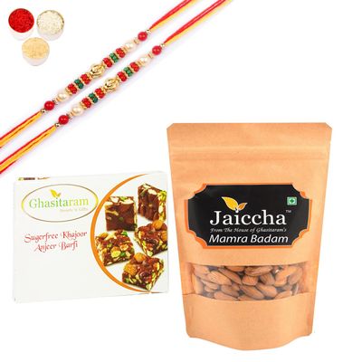 Ghasitaram Gifts Rakhi Gifts for Brothers Rakhi Sweets - Best of 2 Sugarfree Figs and Dates Bites, and Mamra Almonds with 2 Pearl Beads Rakhis