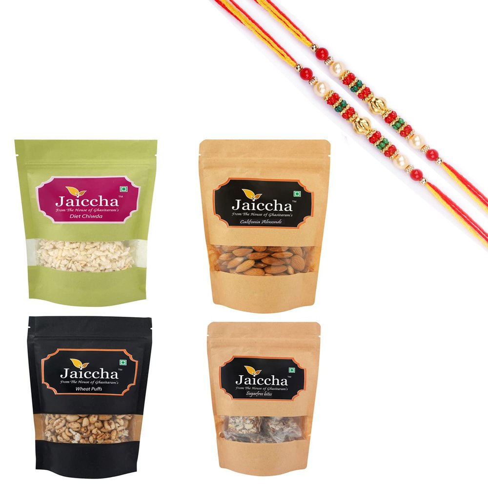 Ghasitaram Gifts Rakhi Gifts for Brothers Rakhi Sweets - Healthy Hamper Sugarfree Anjeer Bites; Wheat Puffs, Diet Chiwda and Almonds Pouch with 2 Pearl Beads Rakhis