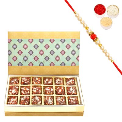 Ghasitaram Gifts Rakhi Gifts for Brothers 5 Part Print 18 Pcs Sugarfree Dates and Figs Bites Box with Beads Rakhi
