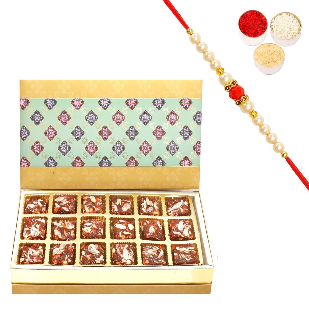 Ghasitaram Gifts Rakhi Gifts for Brothers 5 Part Print 18 Pcs Sugarfree Dates and Figs Bites Box with Beads Rakhi