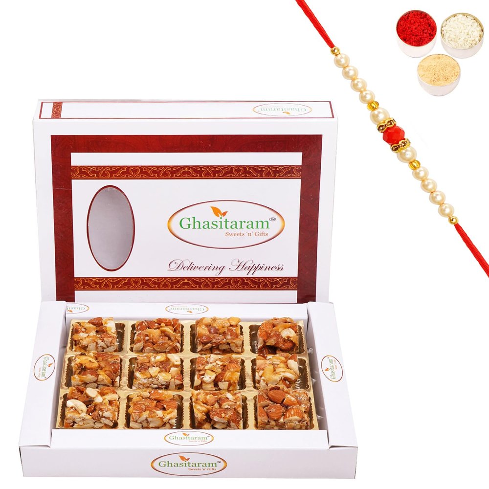 Ghasitaram Gifts Rakhi Gifts for Brothers Rakhi Sweets - Gud (Jageery) Dryfruit Bites 12 pcs No Added Sugar with Beads Rakhi