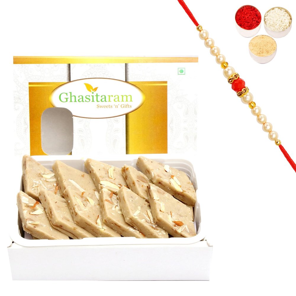 Ghasitaram Gifts Rakhi Gifts for Brothers Rakhi Sweets - Ghasitaram's Gulkand Kaju Katli 200 GMS with Beads Rakhi
