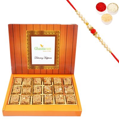 Ghasitaram Gifts Rakhi Gifts for Brothers Rakhi Sweets - Pure Walnut Barfi 18 pcs with Beads Rakhi