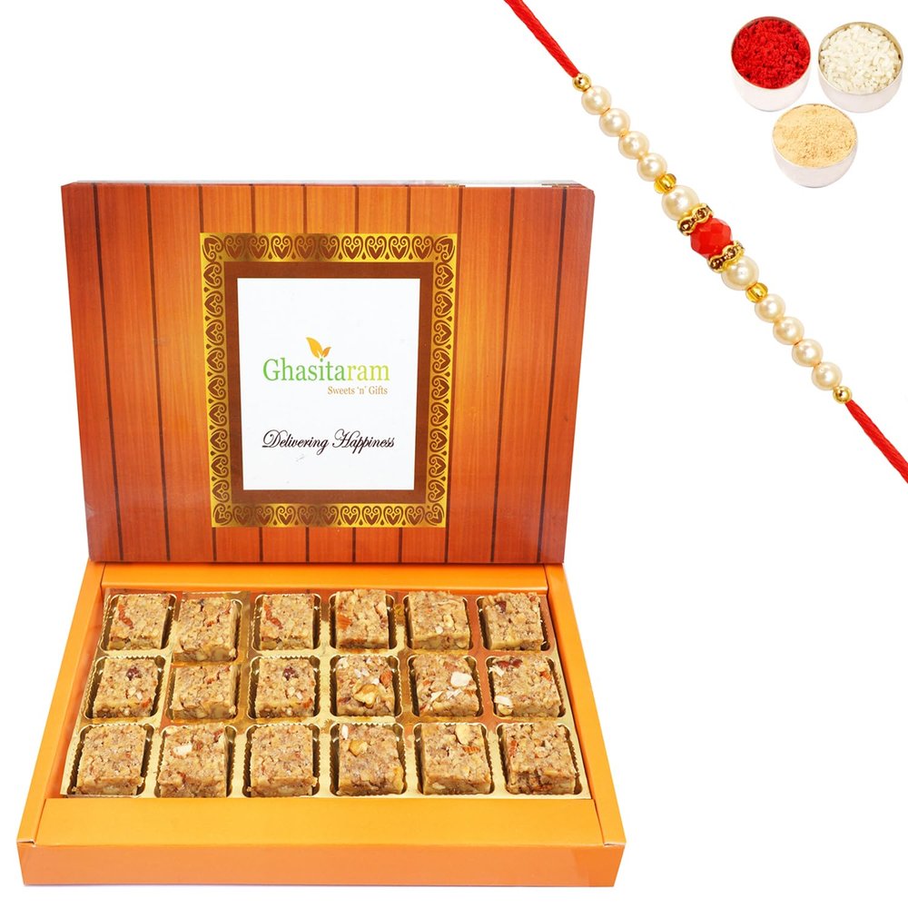 Ghasitaram Gifts Rakhi Gifts for Brothers Rakhi Sweets - Pure Walnut Barfi 18 pcs with Beads Rakhi