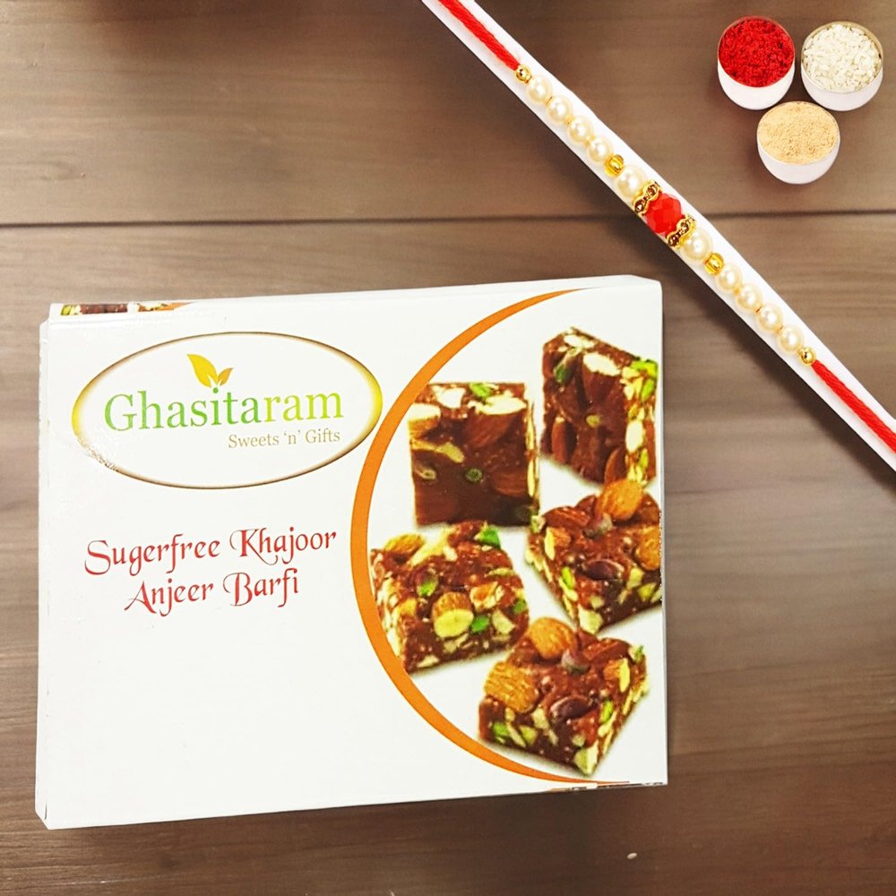 Ghasitaram Gifts Rakhi Gifts for Brothers Rakhi Sweets - Ghasitarams Natural Sugarfree Mix 200 GMS with Beads Rakhi