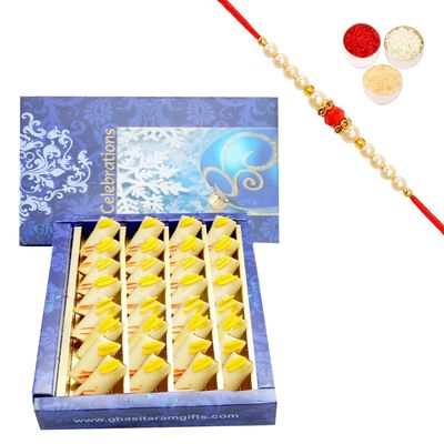 Ghasitaram Gifts Rakhi Gifts for Brothers Rakhi Sweets - Pure Kaju Roll (800 GMS) with Beads Rakhi