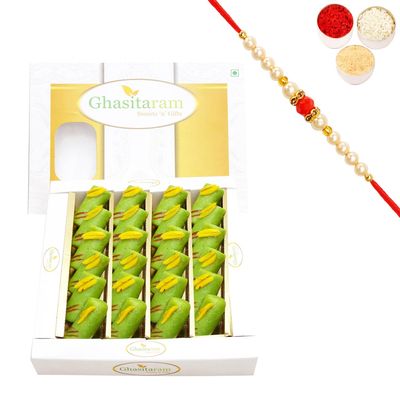 Ghasitaram Gifts Rakhi Gifts for Brothers Rakhi Sweets - KAJU Pista ROLL (400 GMS) with Beads Rakhi