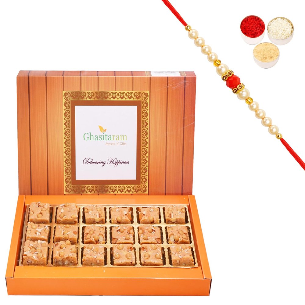 Ghasitaram Gifts Rakhi Gifts for Brothers Rakhi Sweets - Butterscotch Drfruit Bites 18 pcs with Beads Rakhi