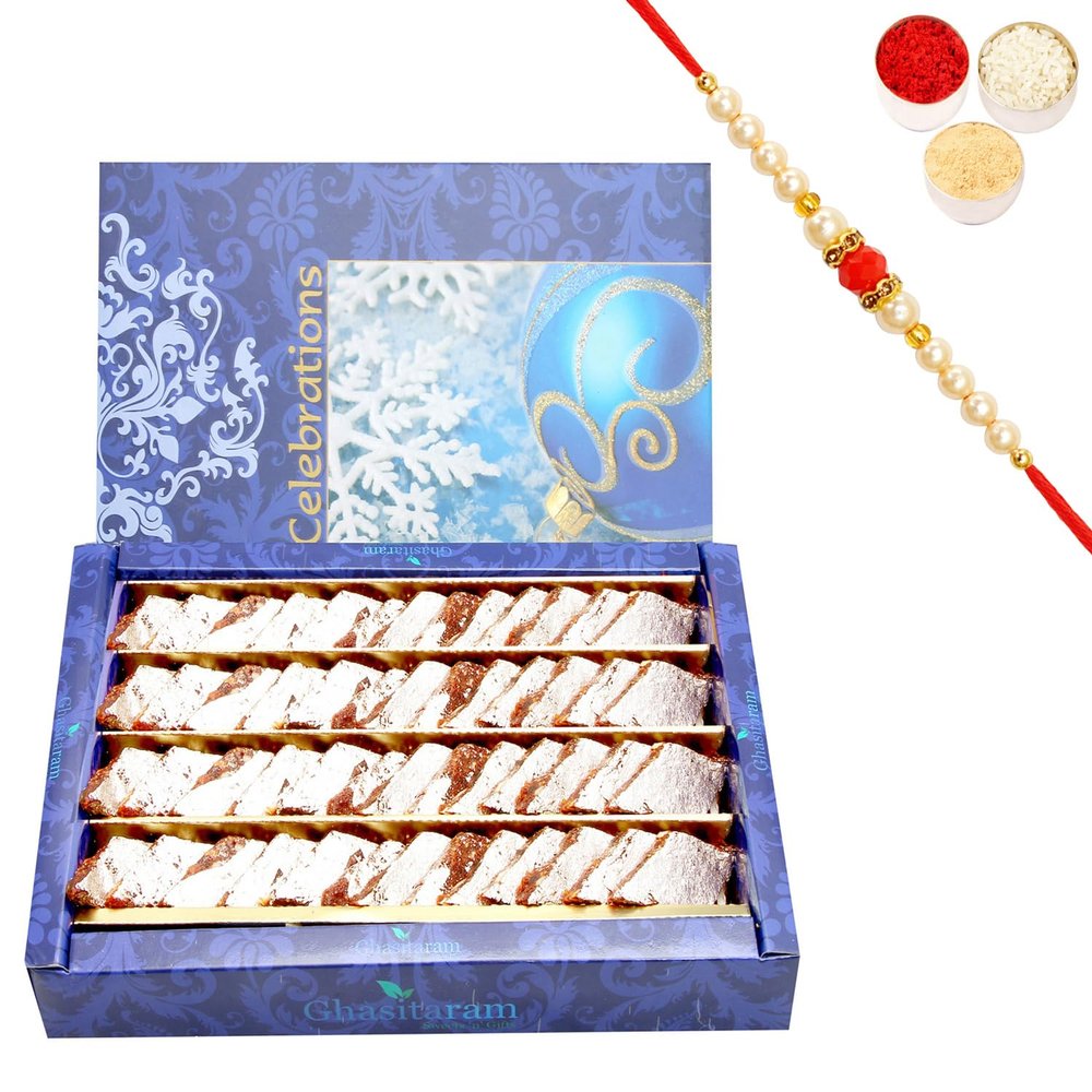 Ghasitaram Gifts Rakhi Gifts for Brothers Rakhi Sweets - ANJIR KATLI (800gms) with Beads Rakhi