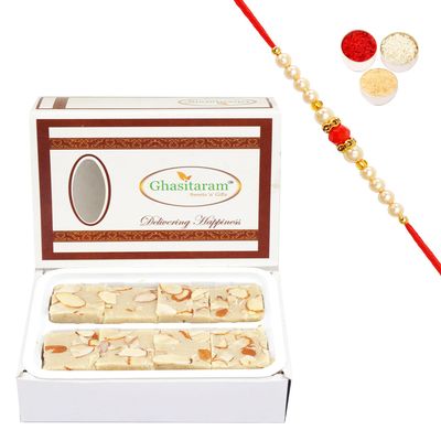 Ghasitaram Gifts Rakhi Gifts for Brothers Rakhi Sweets - Pure Badam Barfi 200 GMS with Beads Rakhi