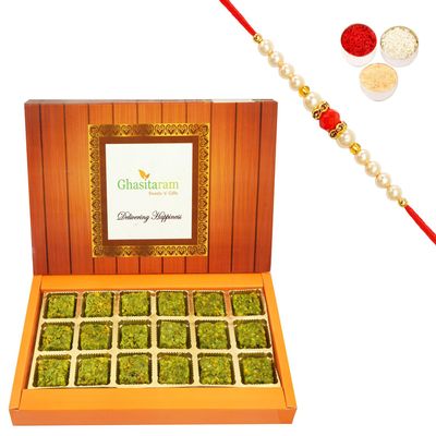 Ghasitaram Gifts Rakhi Gifts for Brothers Rakhi Sweets - Pure Pista Barfi 18 pcs with Beads Rakhi