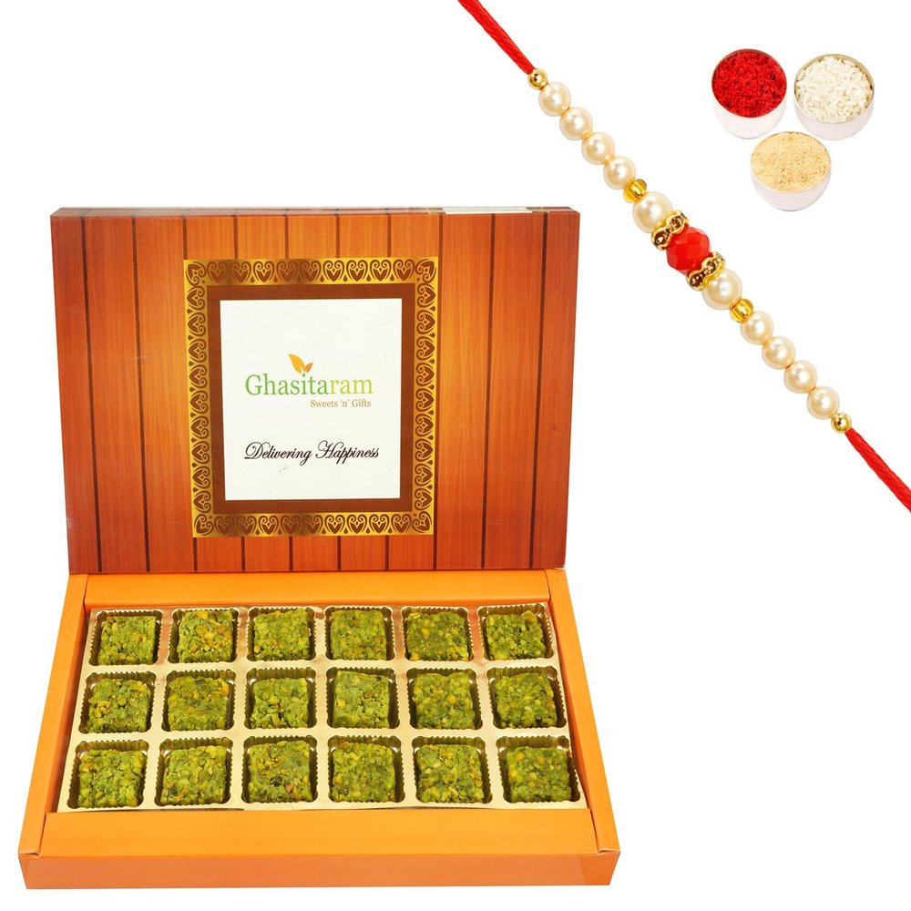 Ghasitaram Gifts Rakhi Gifts for Brothers Rakhi Sweets - Pure Pista Barfi 18 pcs with Beads Rakhi