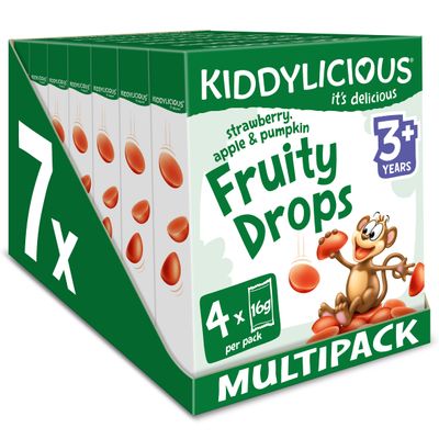 Kiddylicious Fruity Drops - Strawberry, Apple & Pumpkin - Delicious Snacks for Kids - Suitable for 3+ Years - 7 Packs of 4 (28 Total)