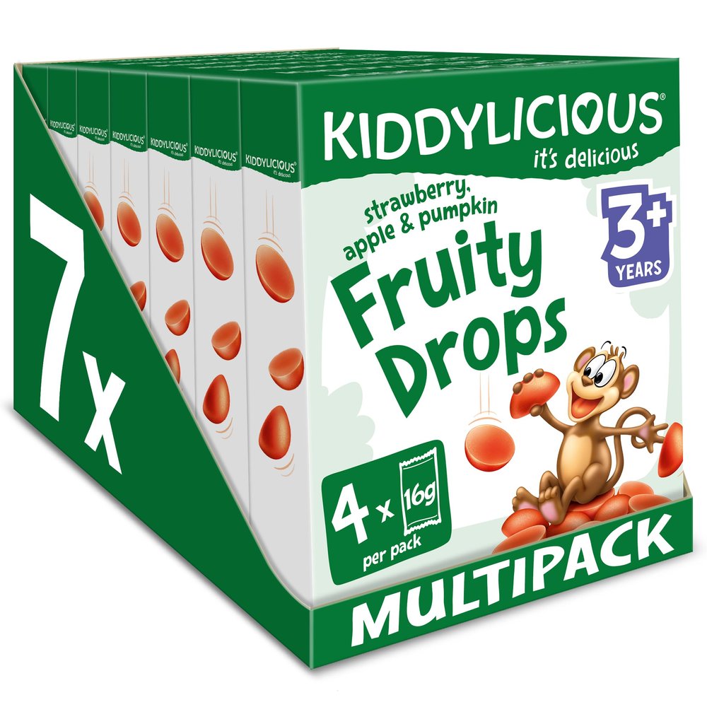 Kiddylicious Fruity Drops - Strawberry, Apple & Pumpkin - Delicious Snacks for Kids - Suitable for 3+ Years - 7 Packs of 4 (28 Total)