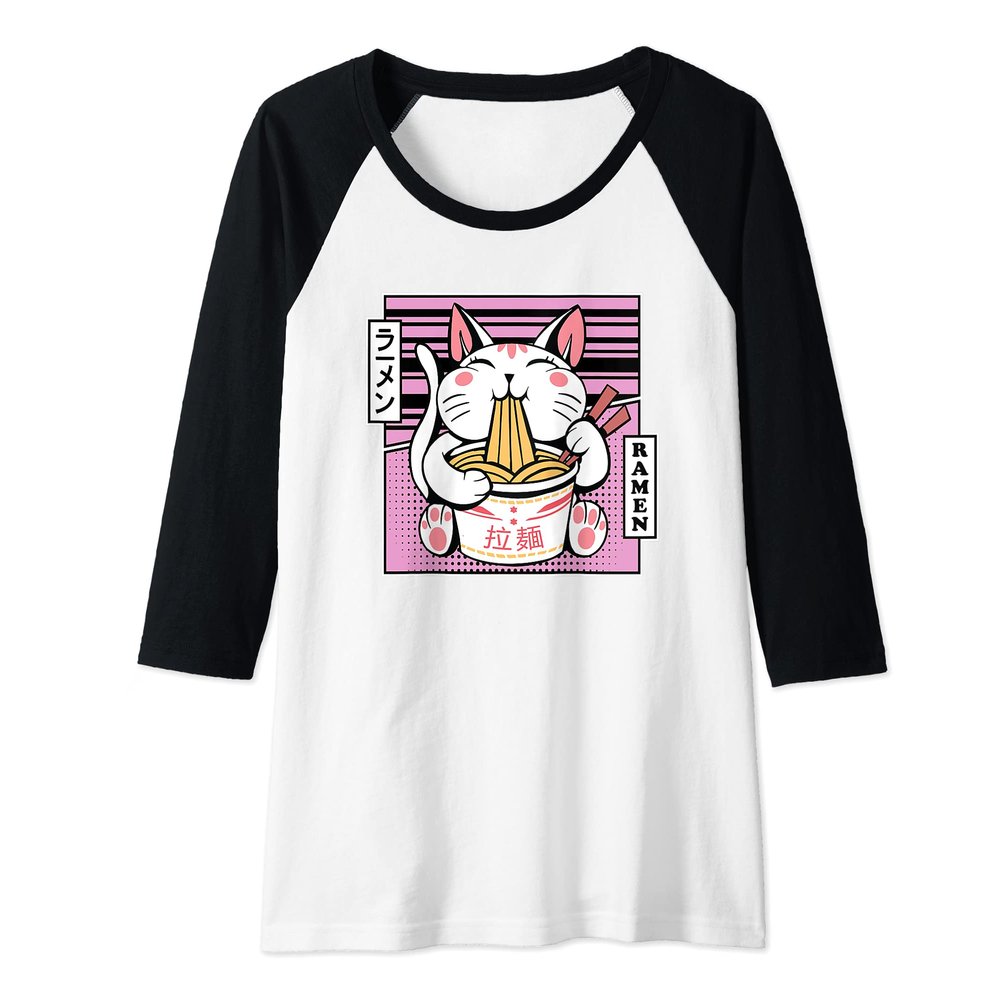 Womens Kawaii Cat Neko Eating Ramen Noodle Soup Japanese Aesthetic Raglan Baseball Tee