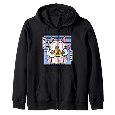 Kawaii Cat Neko Eating Ramen Noodle Soup Japanese Aesthetic Zip Hoodie