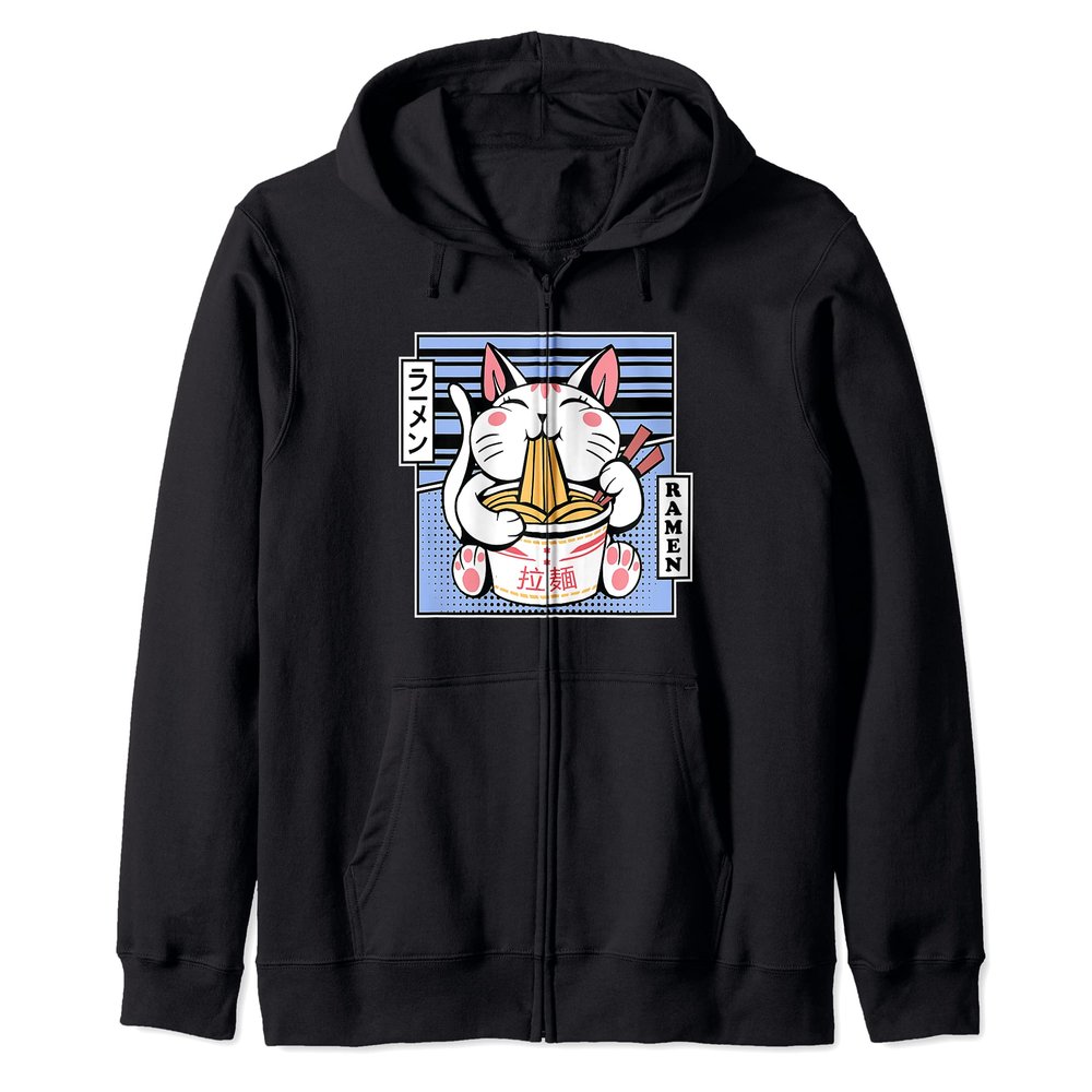 Kawaii Cat Neko Eating Ramen Noodle Soup Japanese Aesthetic Zip Hoodie