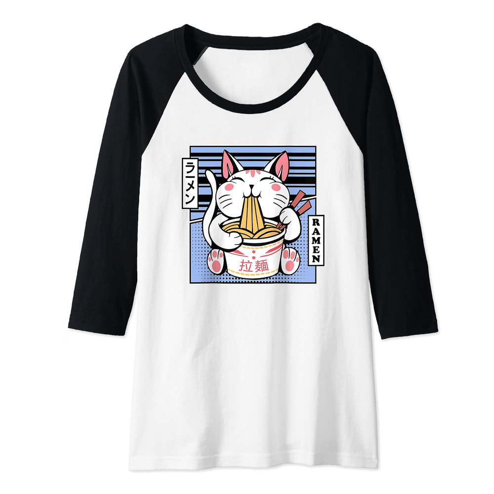 Womens Kawaii Cat Neko Eating Ramen Noodle Soup Japanese Aesthetic Raglan Baseball Tee