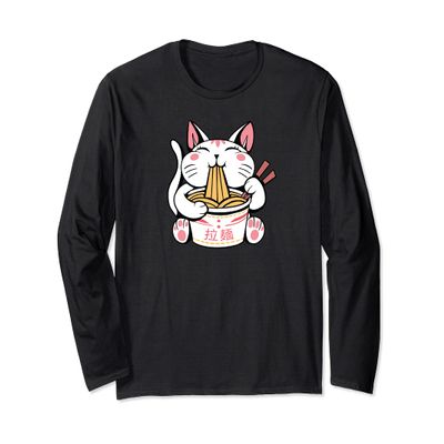 Kawaii Cat Neko Eating Ramen Noodle Soup Japanese Aesthetic Long Sleeve T-Shirt