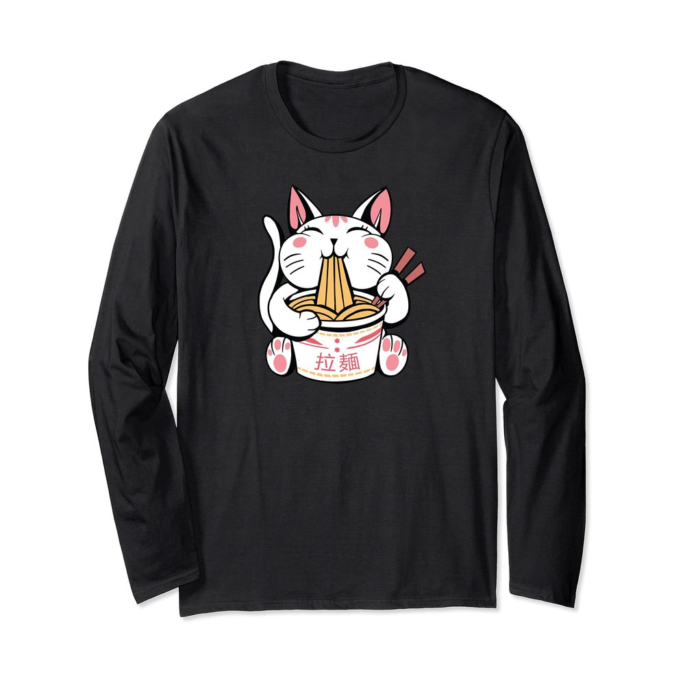 Kawaii Cat Neko Eating Ramen Noodle Soup Japanese Aesthetic Long Sleeve T-Shirt