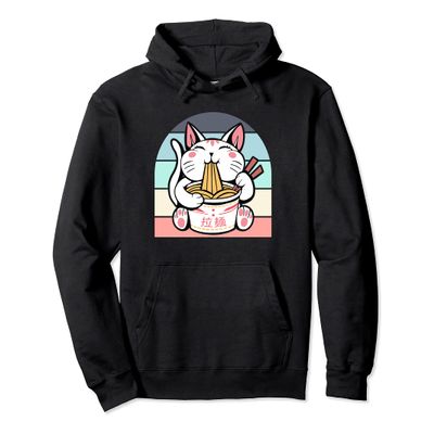 Kawaii Cat Neko Eating Ramen Noodle Soup Japanese Aesthetic Pullover Hoodie