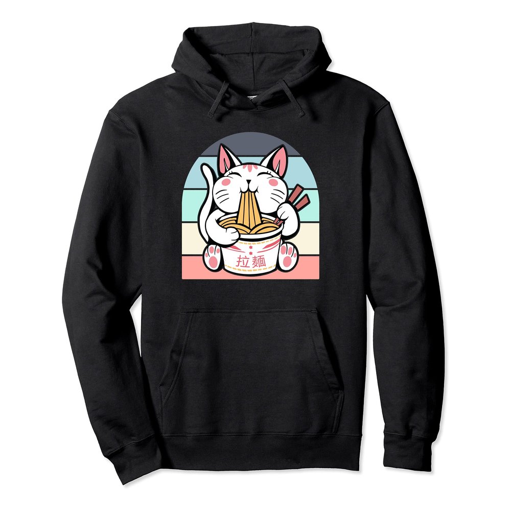 Kawaii Cat Neko Eating Ramen Noodle Soup Japanese Aesthetic Pullover Hoodie