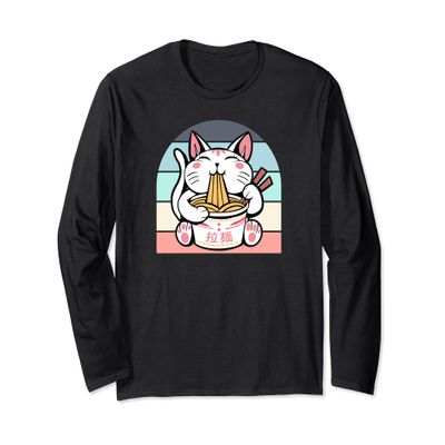 Kawaii Cat Neko Eating Ramen Noodle Soup Japanese Aesthetic Long Sleeve T-Shirt