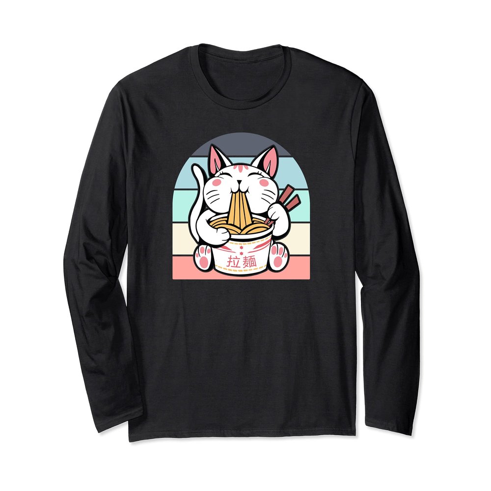 Kawaii Cat Neko Eating Ramen Noodle Soup Japanese Aesthetic Long Sleeve T-Shirt