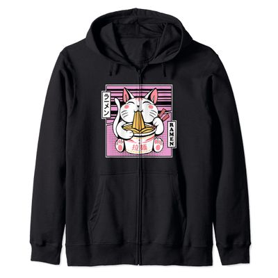 Kawaii Cat Neko Eating Ramen Noodle Soup Japanese Aesthetic Zip Hoodie
