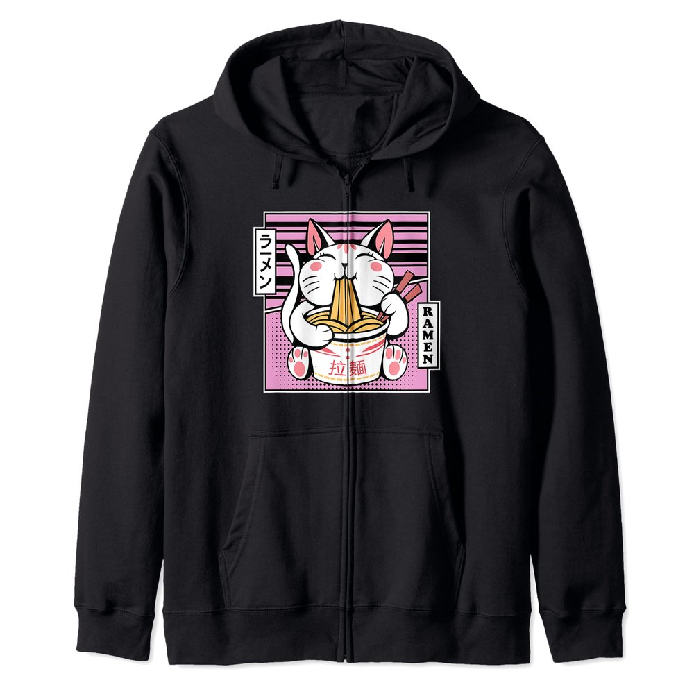 Kawaii Cat Neko Eating Ramen Noodle Soup Japanese Aesthetic Zip Hoodie