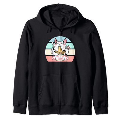 Kawaii Cat Neko Eating Ramen Noodle Soup Japanese Aesthetic Zip Hoodie