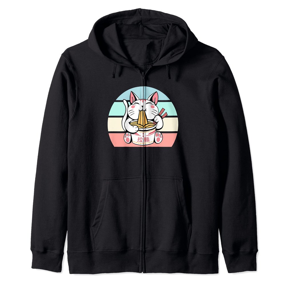 Kawaii Cat Neko Eating Ramen Noodle Soup Japanese Aesthetic Zip Hoodie