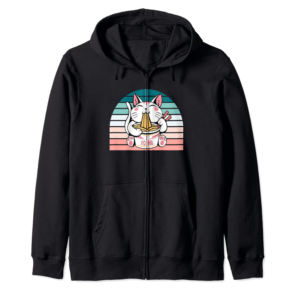 Kawaii Cat Neko Eating Ramen Noodle Soup Japanese Aesthetic Zip Hoodie