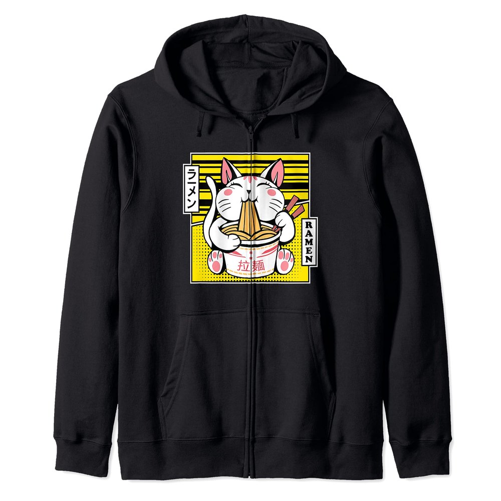 Kawaii Cat Neko Eating Ramen Noodle Soup Japanese Aesthetic Zip Hoodie